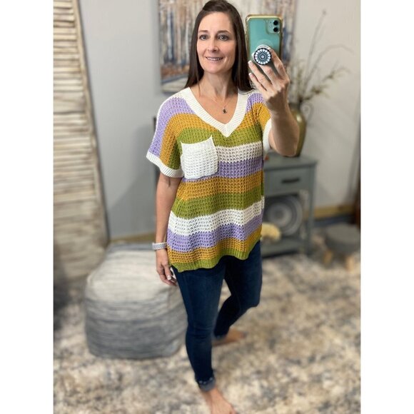 🎭Mardi Gras Deep V Neck Loose Striped Sweater Shirt Purple Green & Gold 5021 - Picture 6 of 8